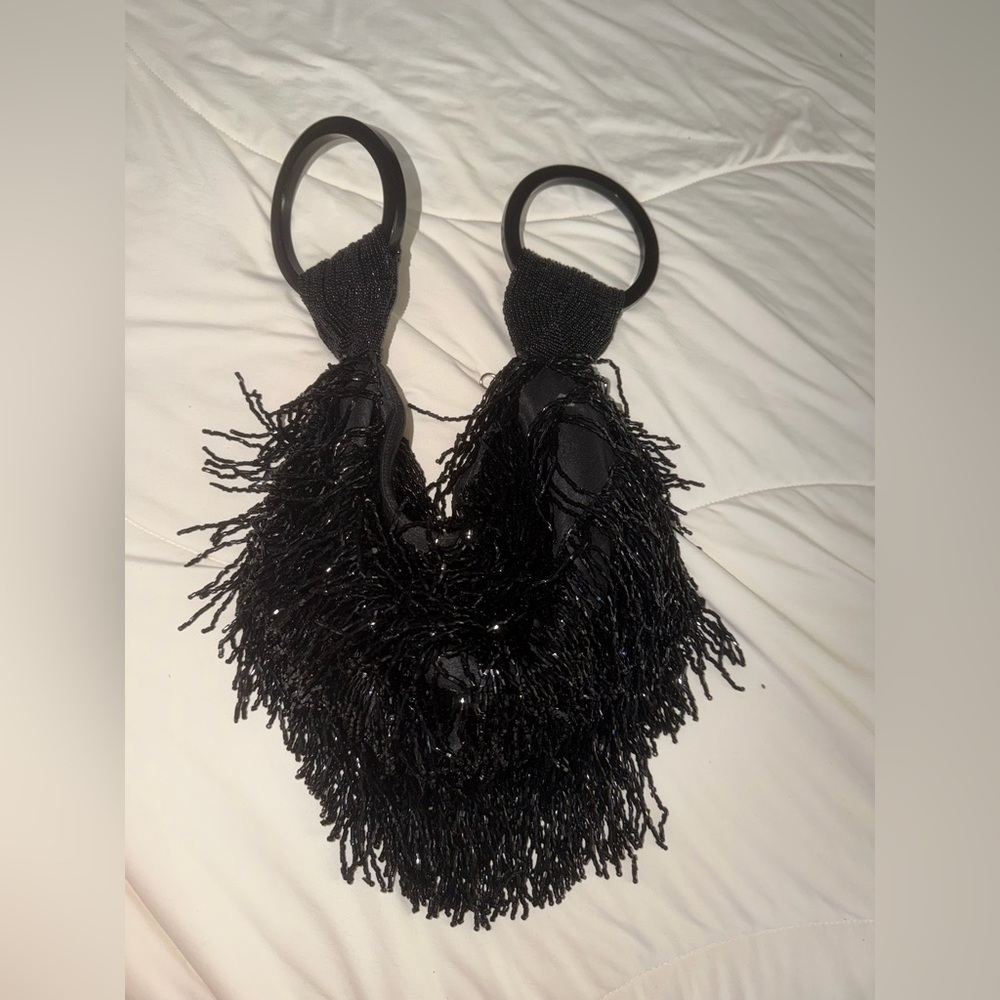 Black Fringe Beaded Handbag
